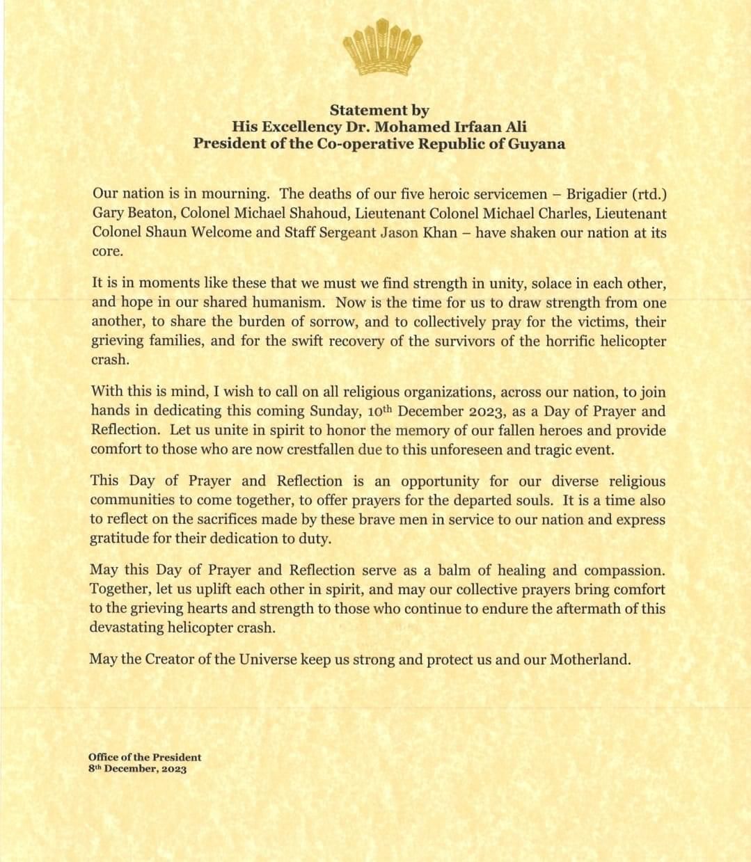 Statement by His Excellency Dr Mohamed Irfaan Ali, President of the Cooperative Republic of Guyana