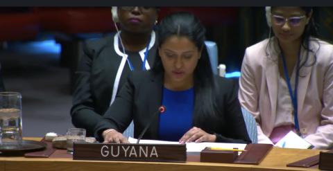 Amb. Trishala Persaud delivering statement at UNSC vote on resolution on arms in outer space